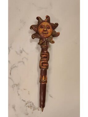 Vintage Hand Carved Wood Sun Themed Ball Point Pen Intricate Desk Office Gift
